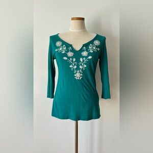 Old Navy Embroidered Teal Green Scoop Neck 3/4 Sleeve Top